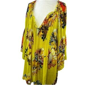 Spense  1XL Yellow Floral Long Sleeve V Neck Lightweight Blouse Boho Sheer Flowy